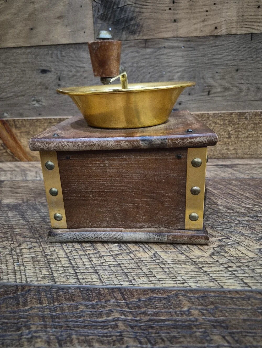 Vintage Old Americana Gold Tone Aluminum & Wood Coffee Grinder Mill Manual Crank
